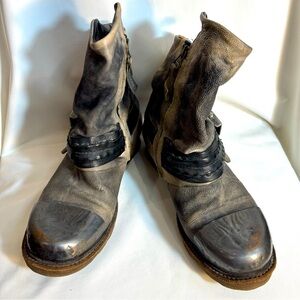 AS 98 Sz 38 Metal Toe Distressed Leather Moto Style Zip Up Buckles Boots